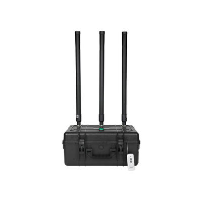 3 antenas, diseño de maletín potente de 150W, inhibidor de señal que bloquea 2400-2500MHz, 850-950MHz, 5725-5850MHz, etc., señales personalizables, con un rango de cobertura de hasta 150 metros.
